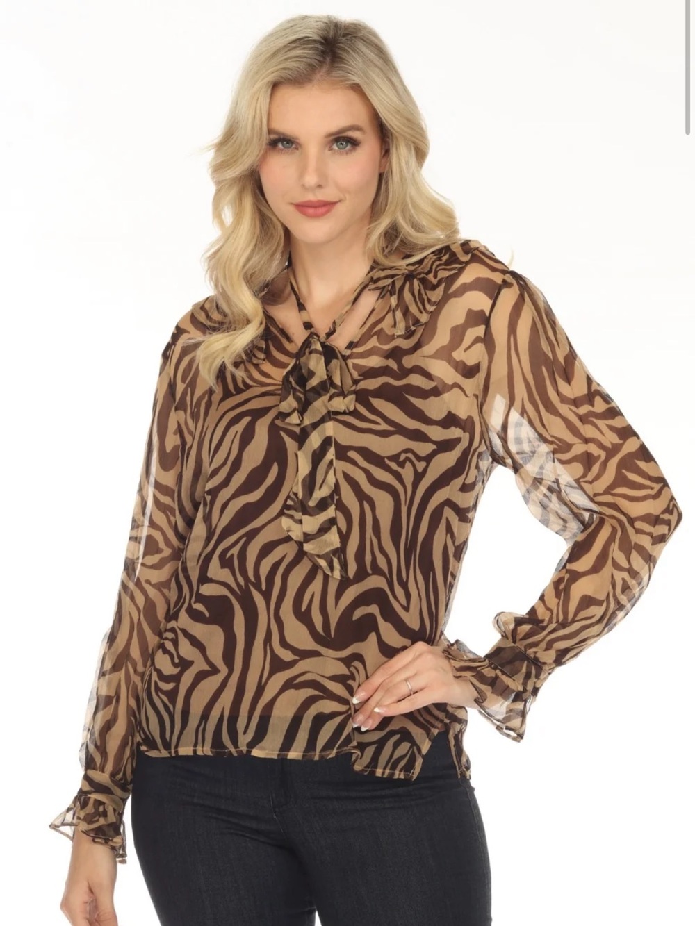 Johnny Was Brown Zebra-Print Tie-Neck Blouse